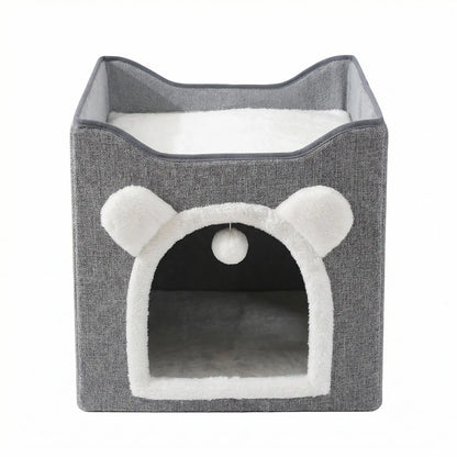 A Cat Suitable for Indoor Cats, with a Large Cat Hole for a Comfortable Apartment, Fluffy Hanging Balls, round Windows, a Foldable Indoor Cat House, Capable of Bearing up to 30 Pounds , with Double-Sided Soft Cushions,Raised Pet Bed