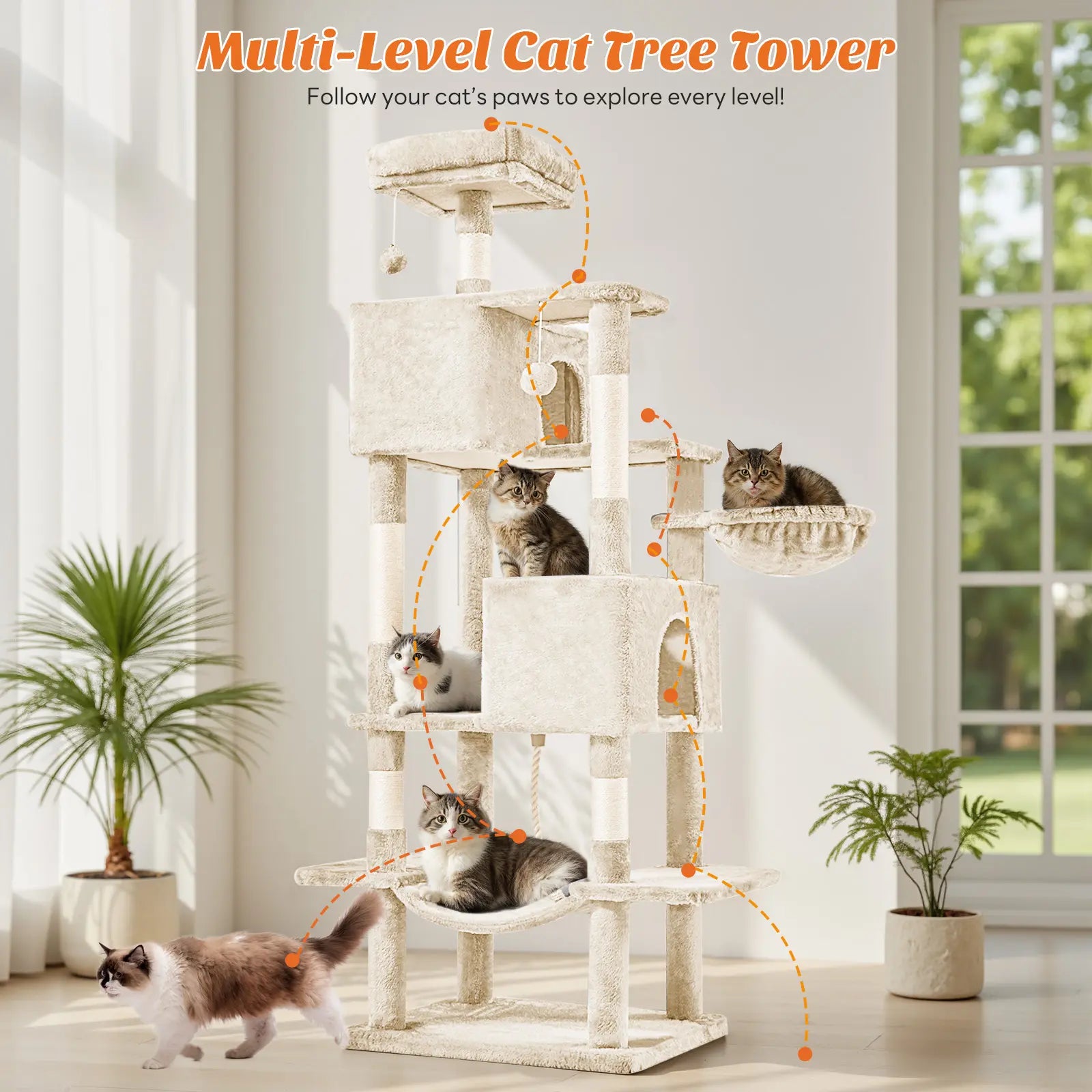 Cat Tree Tower for Indoor Cats, 66In Tall Multi-Level Pet Furniture, Stable Kitty Play House with Sisal Scratching Post, Large Condo, Climbing Ladder, Plush Toy for Kitten Cat Treehouse