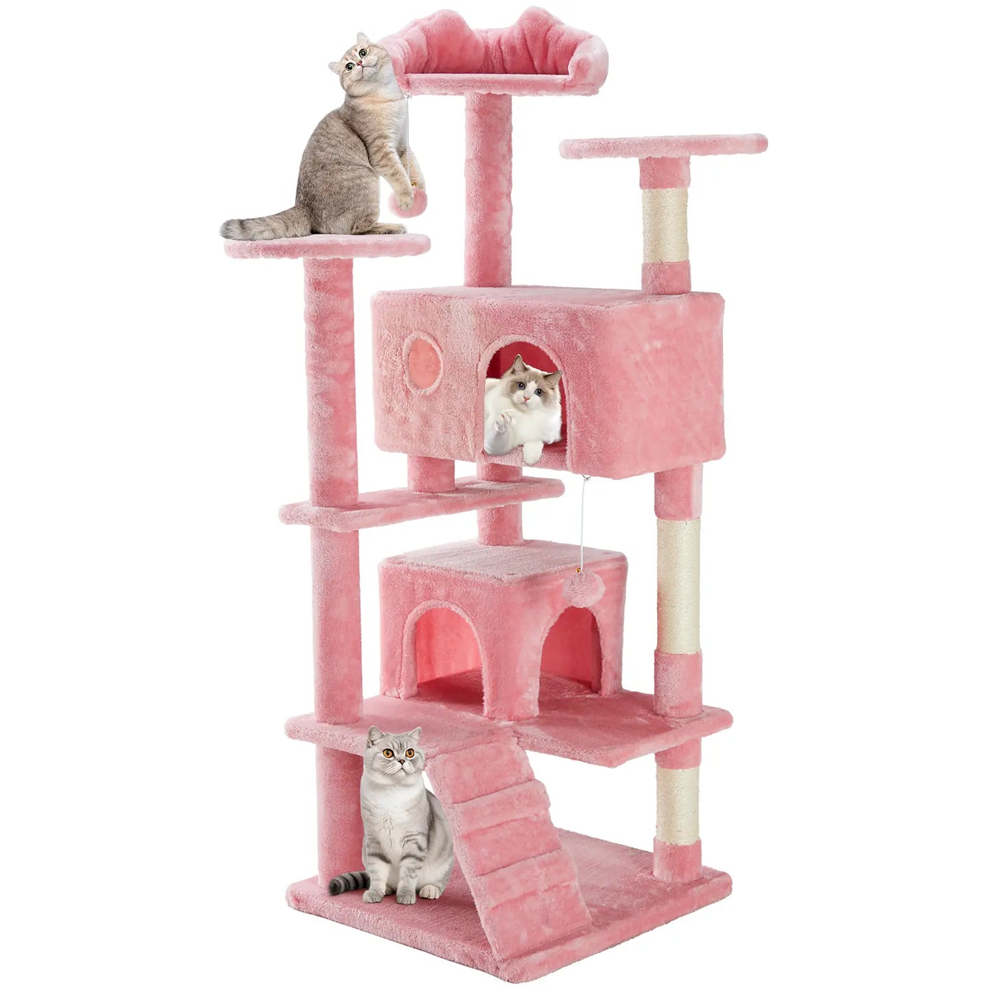 Cat Tree Tower for Indoor Cats, 66In Tall Multi-Level Pet Furniture, Stable Kitty Play House with Sisal Scratching Post, Large Condo, Climbing Ladder, Plush Toy for Kitten Cat Treehouse