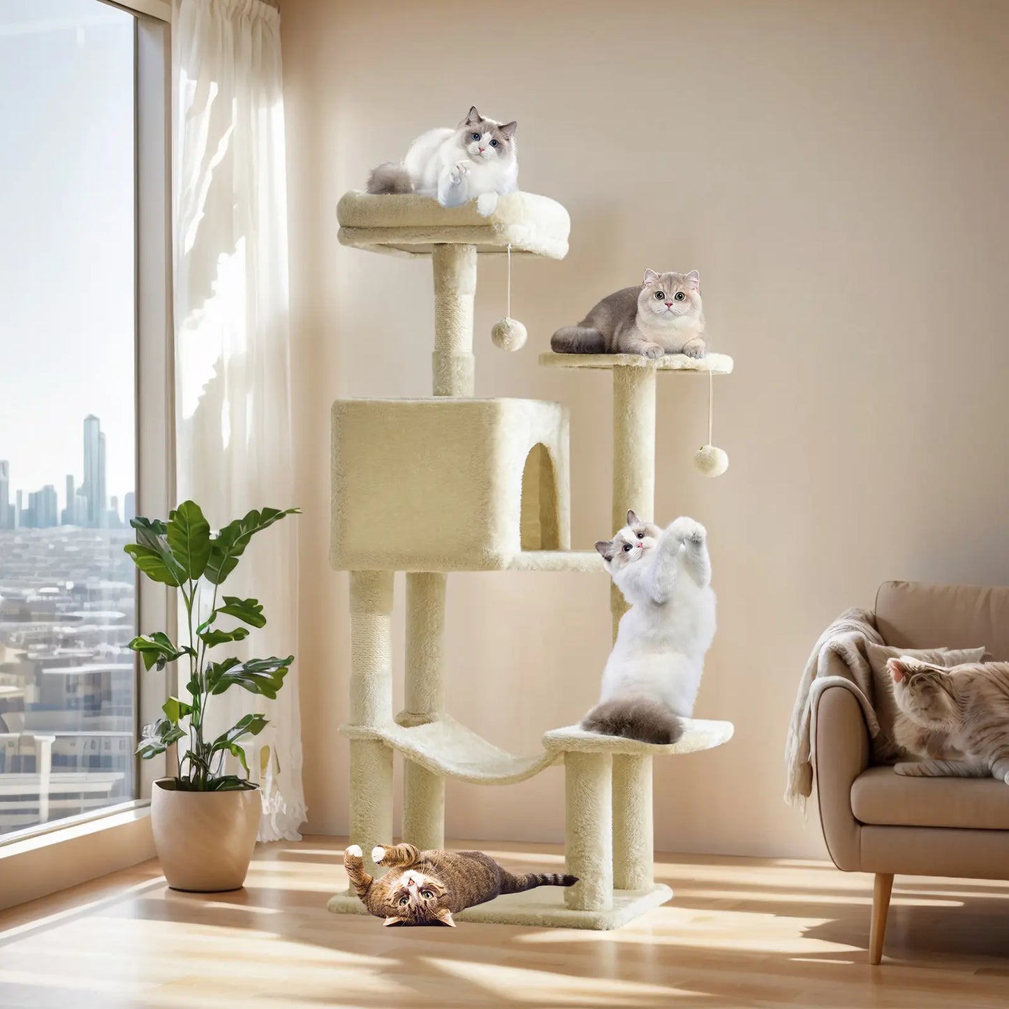 Cat Tree Tower for Indoor Cats, 66In Tall Multi-Level Pet Furniture, Stable Kitty Play House with Sisal Scratching Post, Large Condo, Climbing Ladder, Plush Toy for Kitten Cat Treehouse