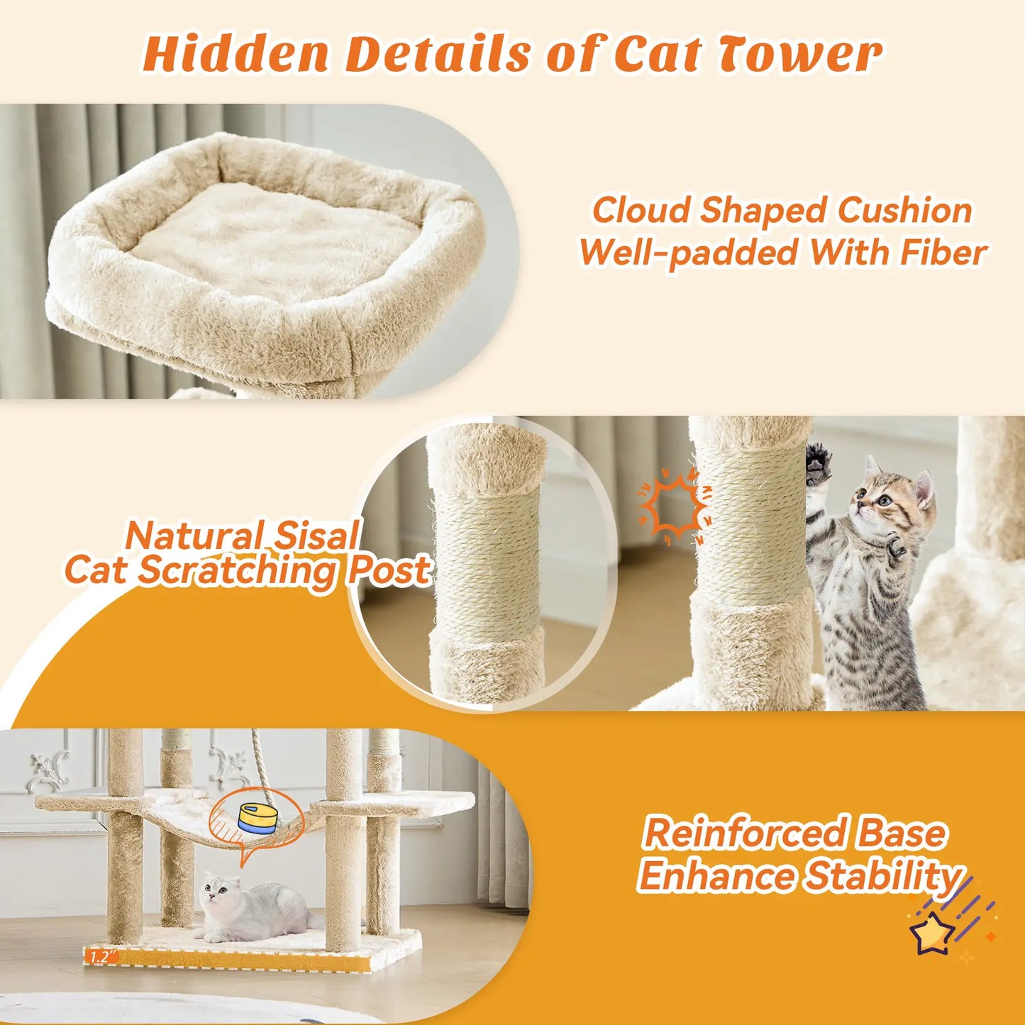 Cat Tree Tower for Indoor Cats, 66In Tall Multi-Level Pet Furniture, Stable Kitty Play House with Sisal Scratching Post, Large Condo, Climbing Ladder, Plush Toy for Kitten Cat Treehouse