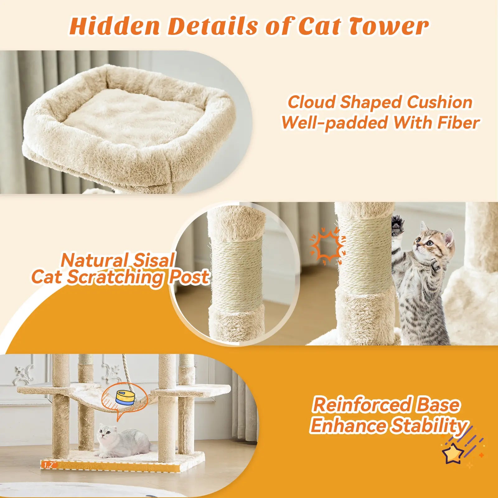 Cat Tree Tower for Indoor Cats, 66In Tall Multi-Level Pet Furniture, Stable Kitty Play House with Sisal Scratching Post, Large Condo, Climbing Ladder, Plush Toy for Kitten Cat Treehouse