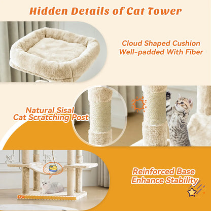 Cat Tree Tower for Indoor Cats, 66In Tall Multi-Level Pet Furniture, Stable Kitty Play House with Sisal Scratching Post, Large Condo, Climbing Ladder, Plush Toy for Kitten Cat Treehouse
