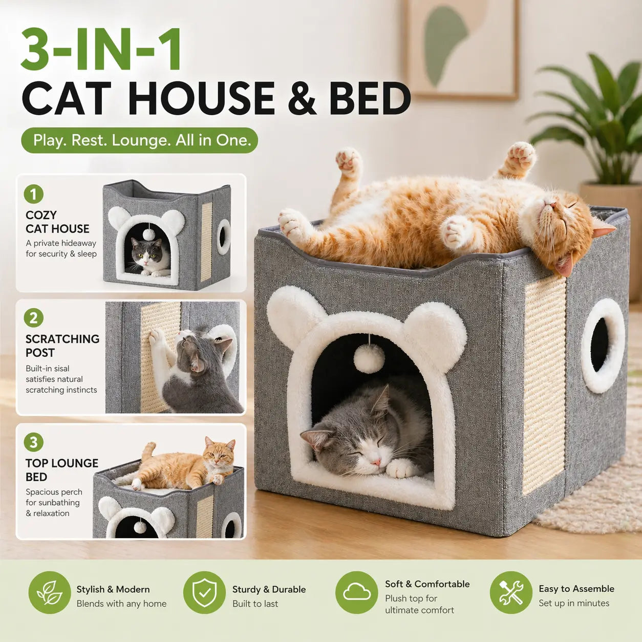 A Cat Suitable for Indoor Cats, with a Large Cat Hole for a Comfortable Apartment, Fluffy Hanging Balls, round Windows, a Foldable Indoor Cat House, Capable of Bearing up to 30 Pounds , with Double-Sided Soft Cushions,Raised Pet Bed