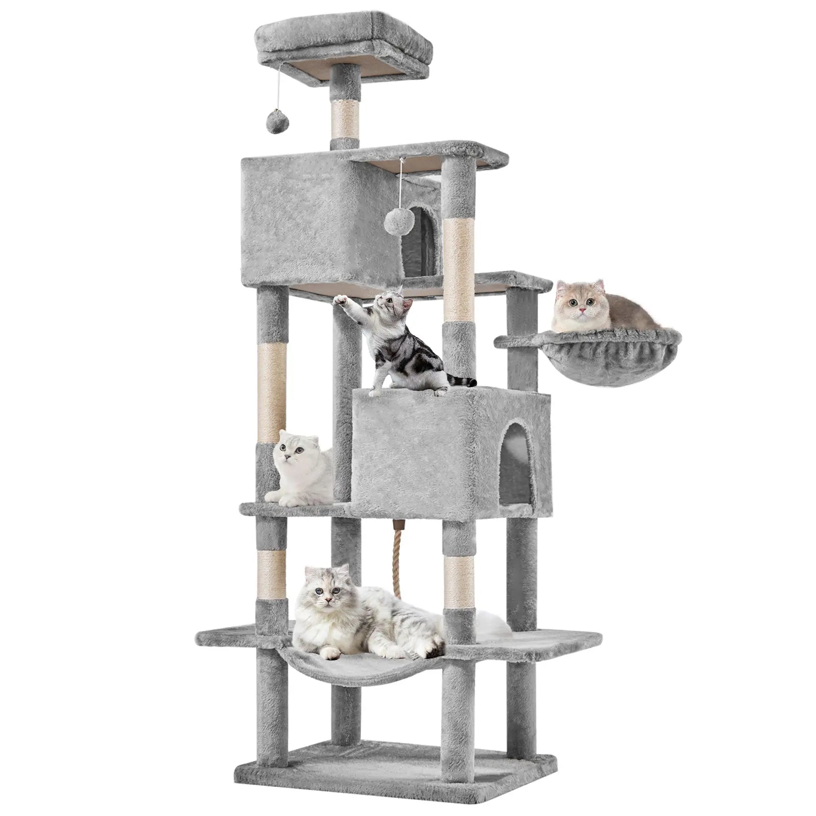 Cat Tree Tower for Indoor Cats, 66In Tall Multi-Level Pet Furniture, Stable Kitty Play House with Sisal Scratching Post, Large Condo, Climbing Ladder, Plush Toy for Kitten Cat Treehouse
