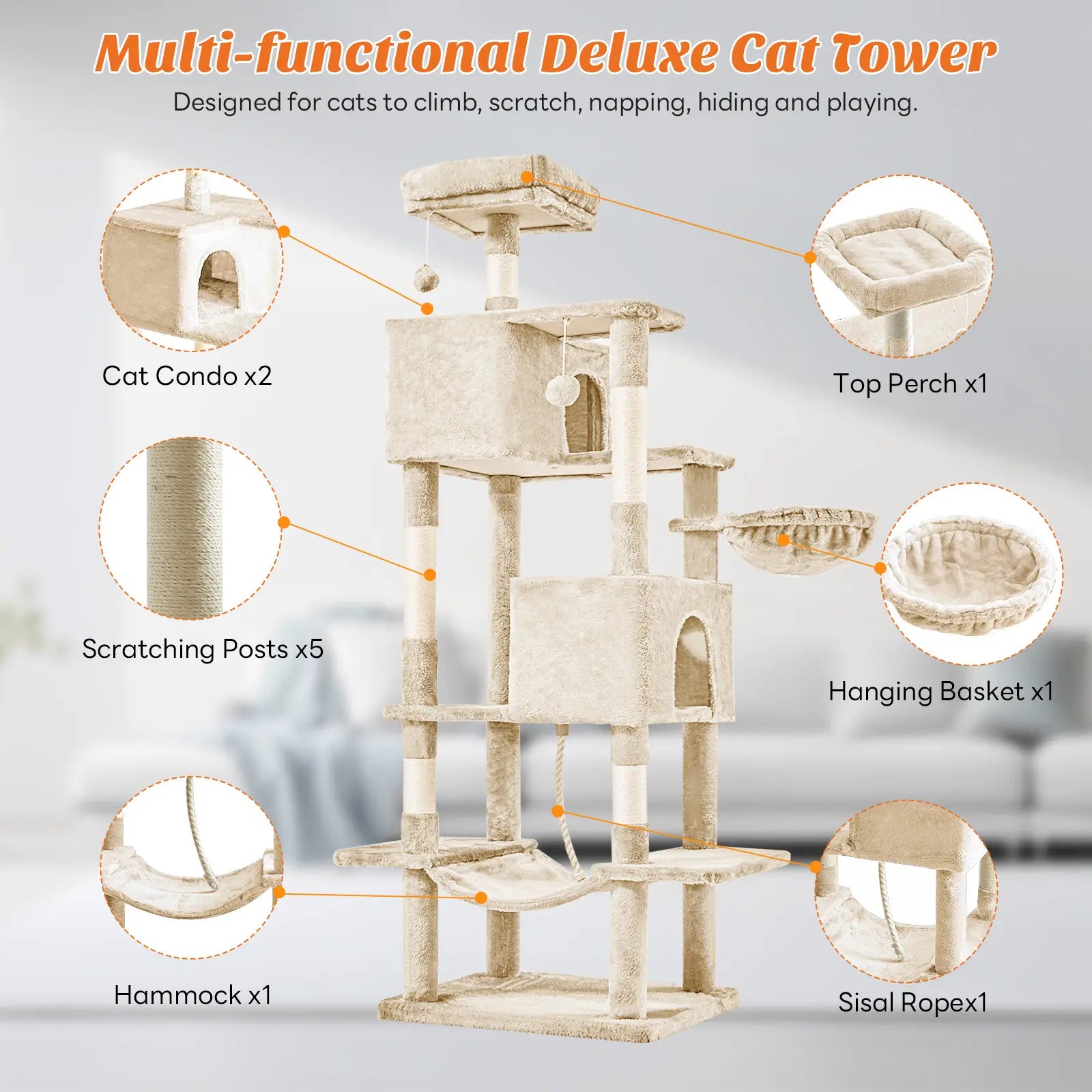 Cat Tree Tower for Indoor Cats, 66In Tall Multi-Level Pet Furniture, Stable Kitty Play House with Sisal Scratching Post, Large Condo, Climbing Ladder, Plush Toy for Kitten Cat Treehouse