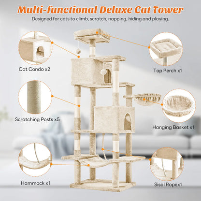 Cat Tree Tower for Indoor Cats, 66In Tall Multi-Level Pet Furniture, Stable Kitty Play House with Sisal Scratching Post, Large Condo, Climbing Ladder, Plush Toy for Kitten Cat Treehouse