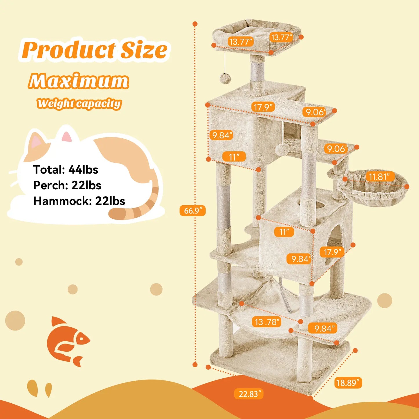 Cat Tree Tower for Indoor Cats, 66In Tall Multi-Level Pet Furniture, Stable Kitty Play House with Sisal Scratching Post, Large Condo, Climbing Ladder, Plush Toy for Kitten Cat Treehouse