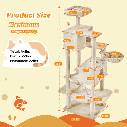 Cat Tree Tower for Indoor Cats, 66In Tall Multi-Level Pet Furniture, Stable Kitty Play House with Sisal Scratching Post, Large Condo, Climbing Ladder, Plush Toy for Kitten Cat Treehouse