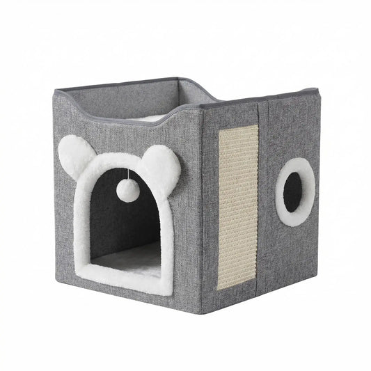 A Cat Suitable for Indoor Cats, with a Large Cat Hole for a Comfortable Apartment, Fluffy Hanging Balls, round Windows, a Foldable Indoor Cat House, Capable of Bearing up to 30 Pounds , with Double-Sided Soft Cushions,Raised Pet Bed