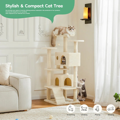 Cat Tree Tower for Indoor Cats, 66In Tall Multi-Level Pet Furniture, Stable Kitty Play House with Sisal Scratching Post, Large Condo, Climbing Ladder, Plush Toy for Kitten Cat Treehouse