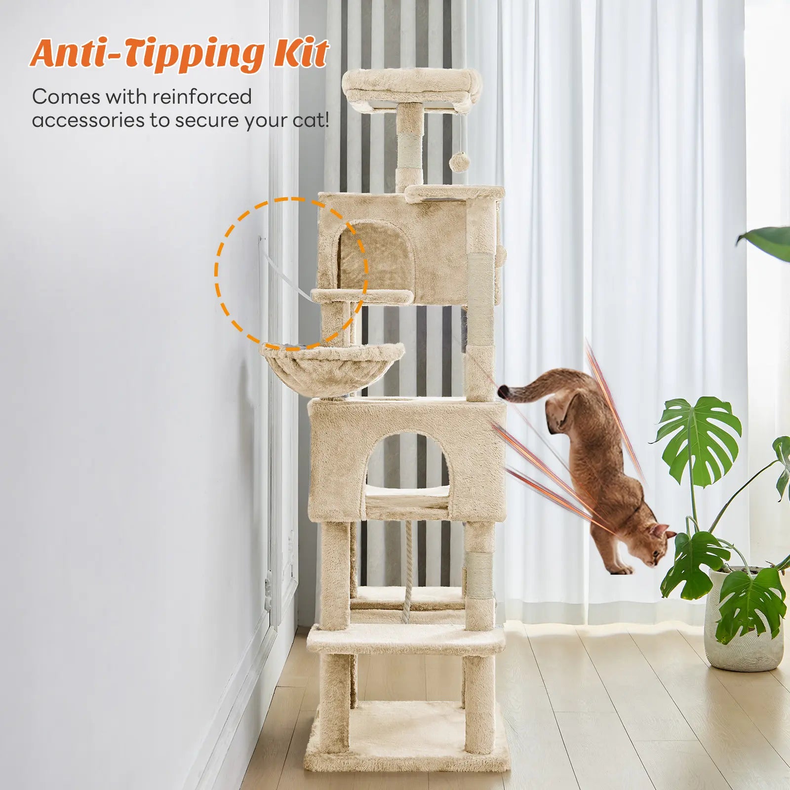 Cat Tree Tower for Indoor Cats, 66In Tall Multi-Level Pet Furniture, Stable Kitty Play House with Sisal Scratching Post, Large Condo, Climbing Ladder, Plush Toy for Kitten Cat Treehouse