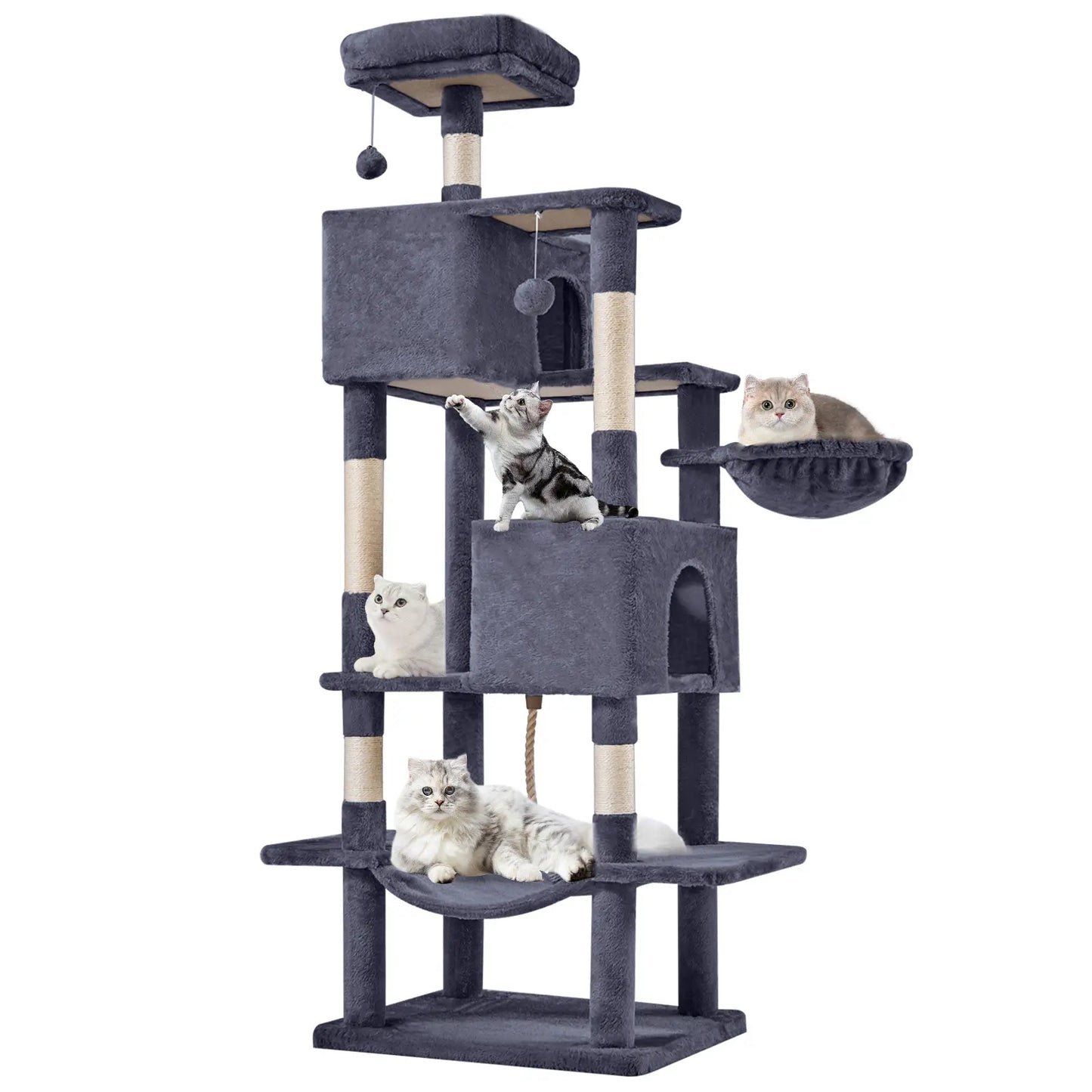 Cat Tree Tower for Indoor Cats, 66In Tall Multi-Level Pet Furniture, Stable Kitty Play House with Sisal Scratching Post, Large Condo, Climbing Ladder, Plush Toy for Kitten Cat Treehouse