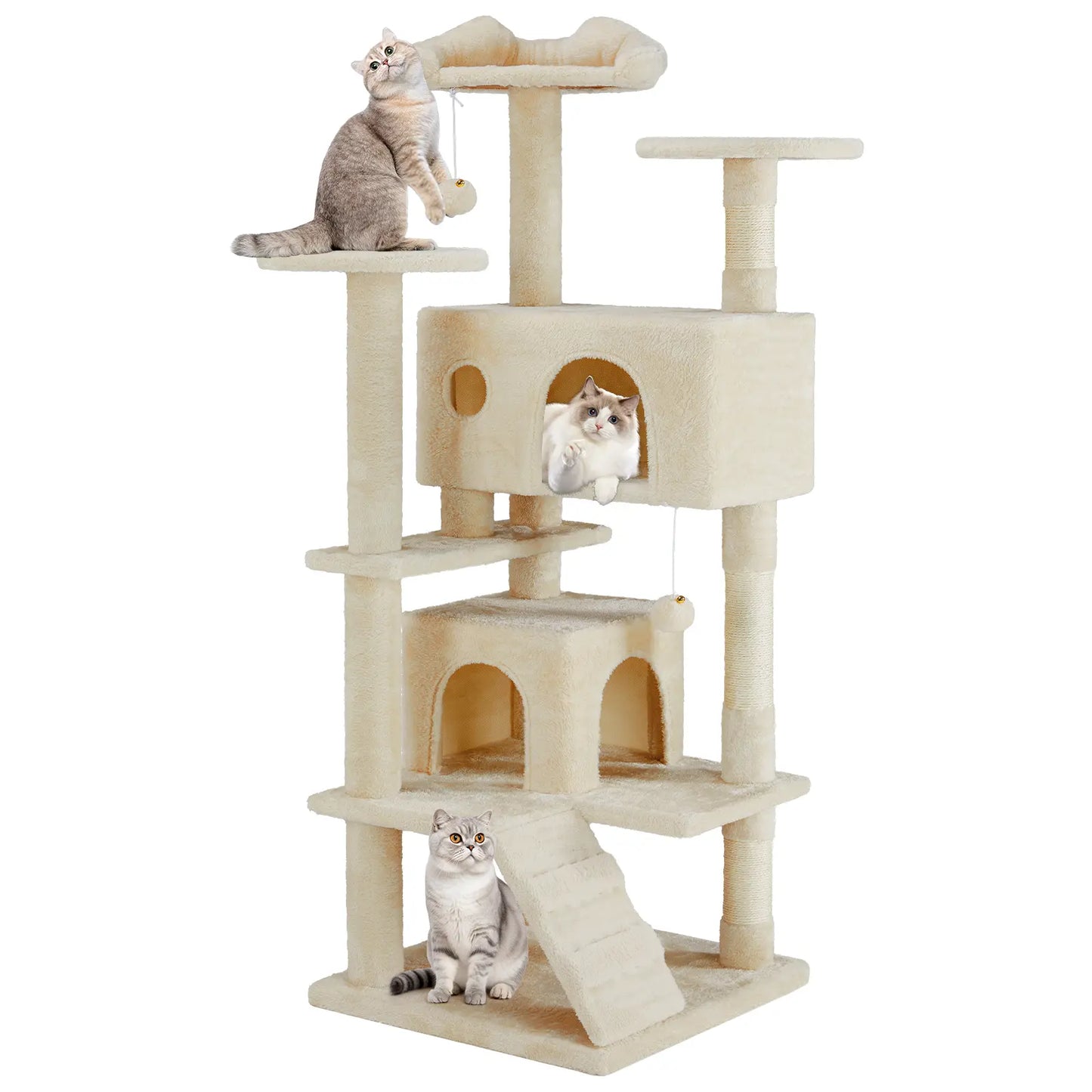 Cat Tree Tower for Indoor Cats, 66In Tall Multi-Level Pet Furniture, Stable Kitty Play House with Sisal Scratching Post, Large Condo, Climbing Ladder, Plush Toy for Kitten Cat Treehouse