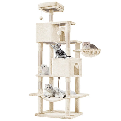Cat Tree Tower for Indoor Cats, 66In Tall Multi-Level Pet Furniture, Stable Kitty Play House with Sisal Scratching Post, Large Condo, Climbing Ladder, Plush Toy for Kitten Cat Treehouse
